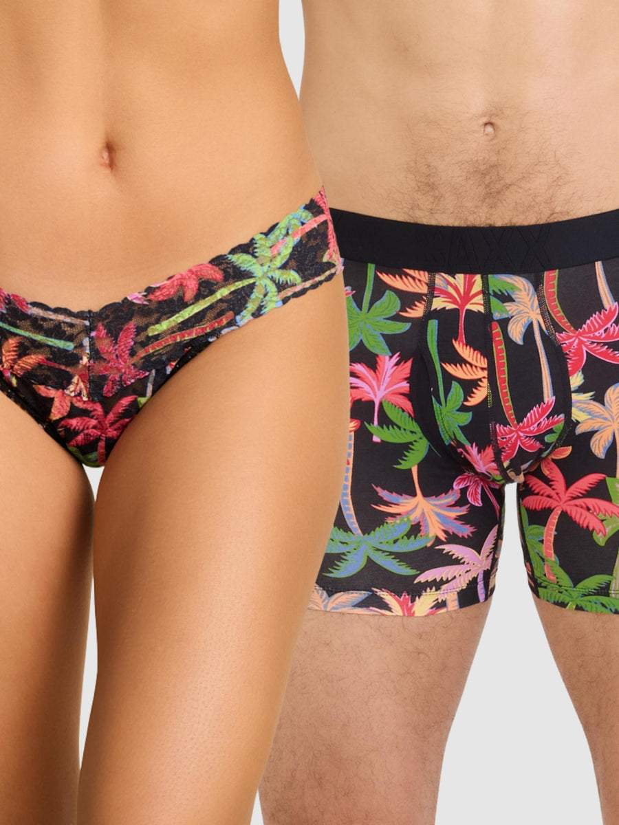 Mixed Palms Signature Lace® Low Rise Thong & SAXX Boxer Brief Matching Couples Set - On Model Duo | Hanky Panky