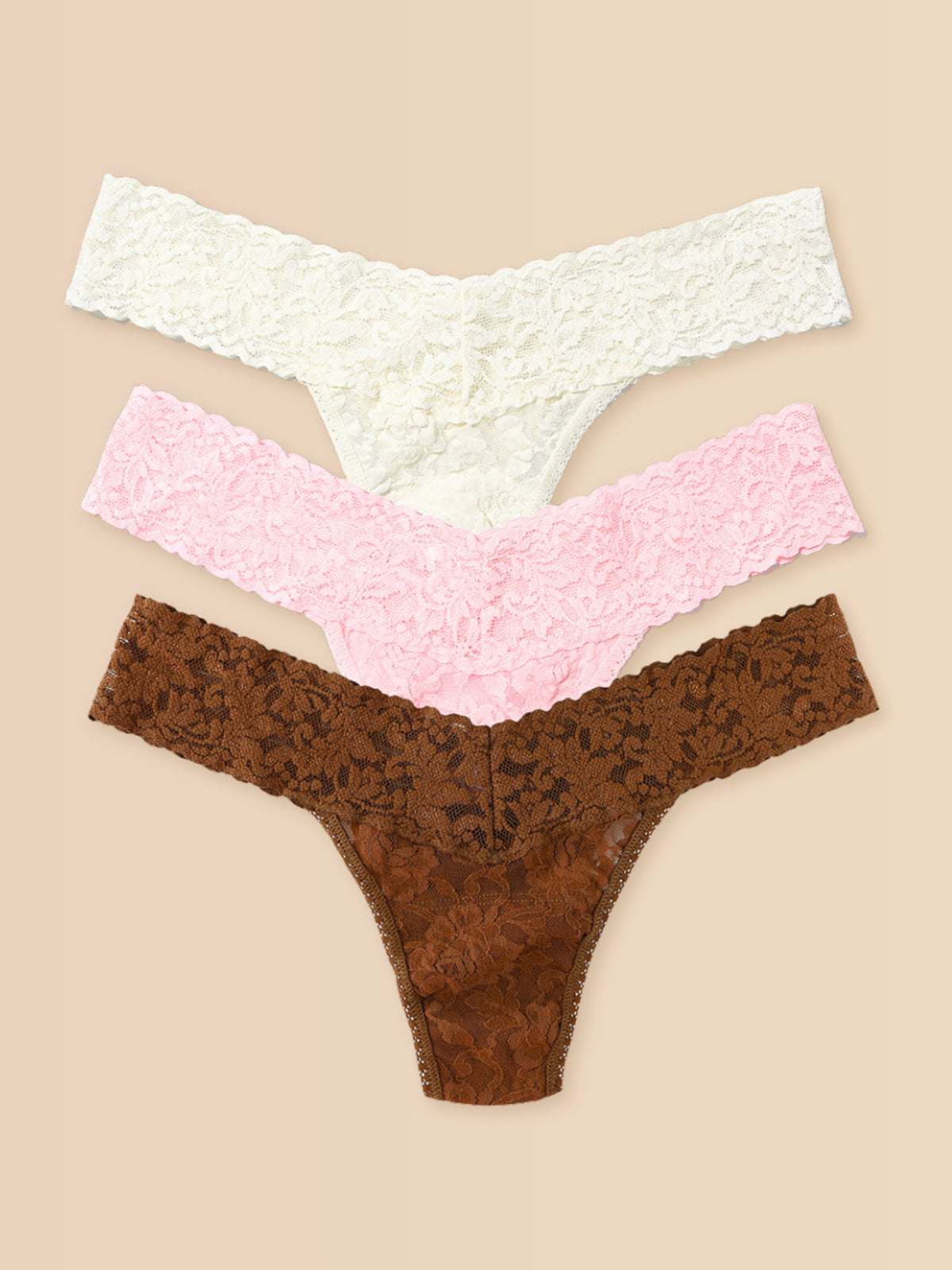 Signature Lace® Low Rise Thong Ice Cream 3-Pack Neapolitan Marshmallow Pink Macchiato - Flat Lay on Cream | Hanky Panky