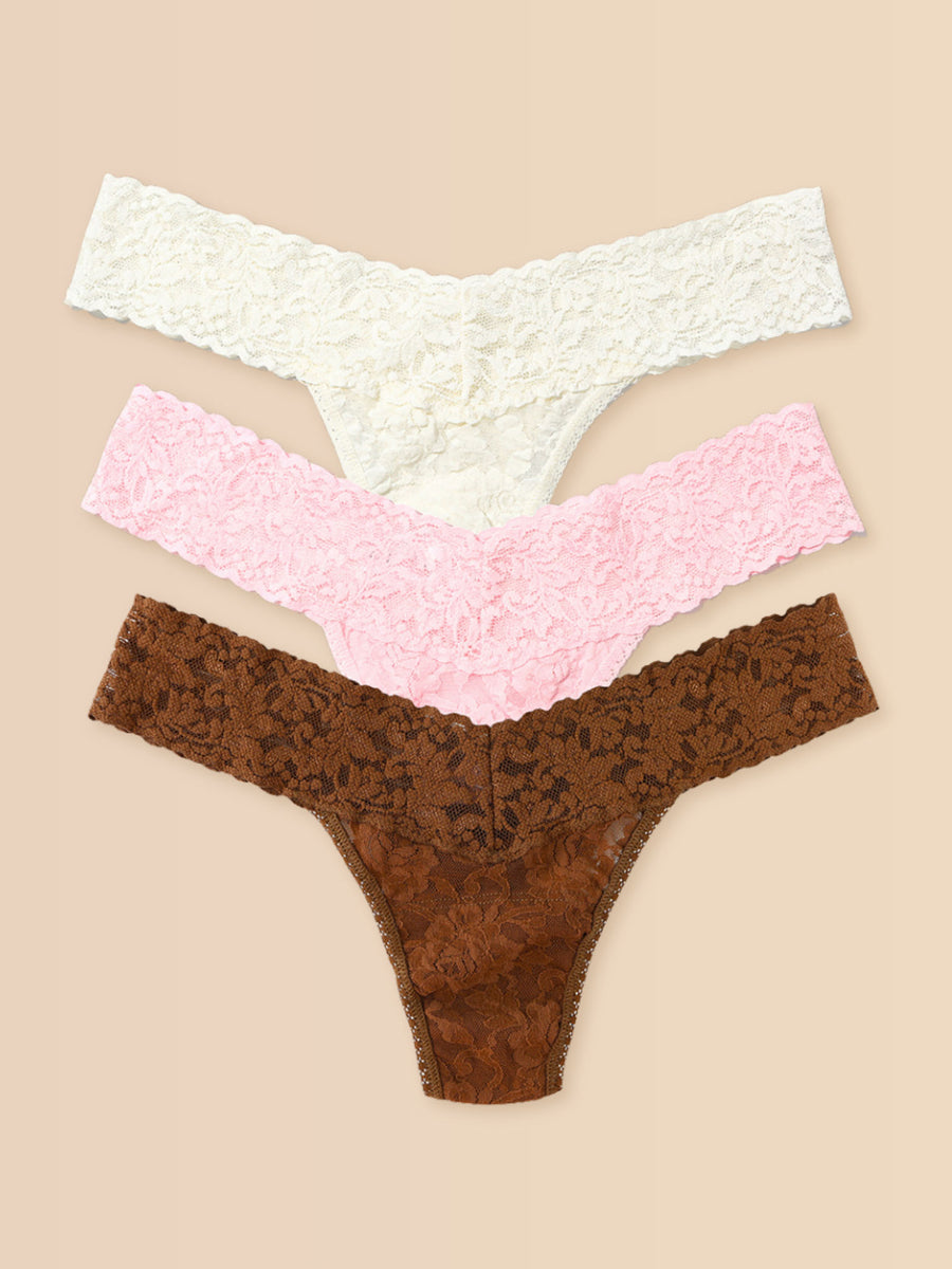 Signature Lace® Low Rise Thong Ice Cream 3-Pack Neapolitan Marshmallow Pink Macchiato - Flat Lay on Cream | Hanky Panky