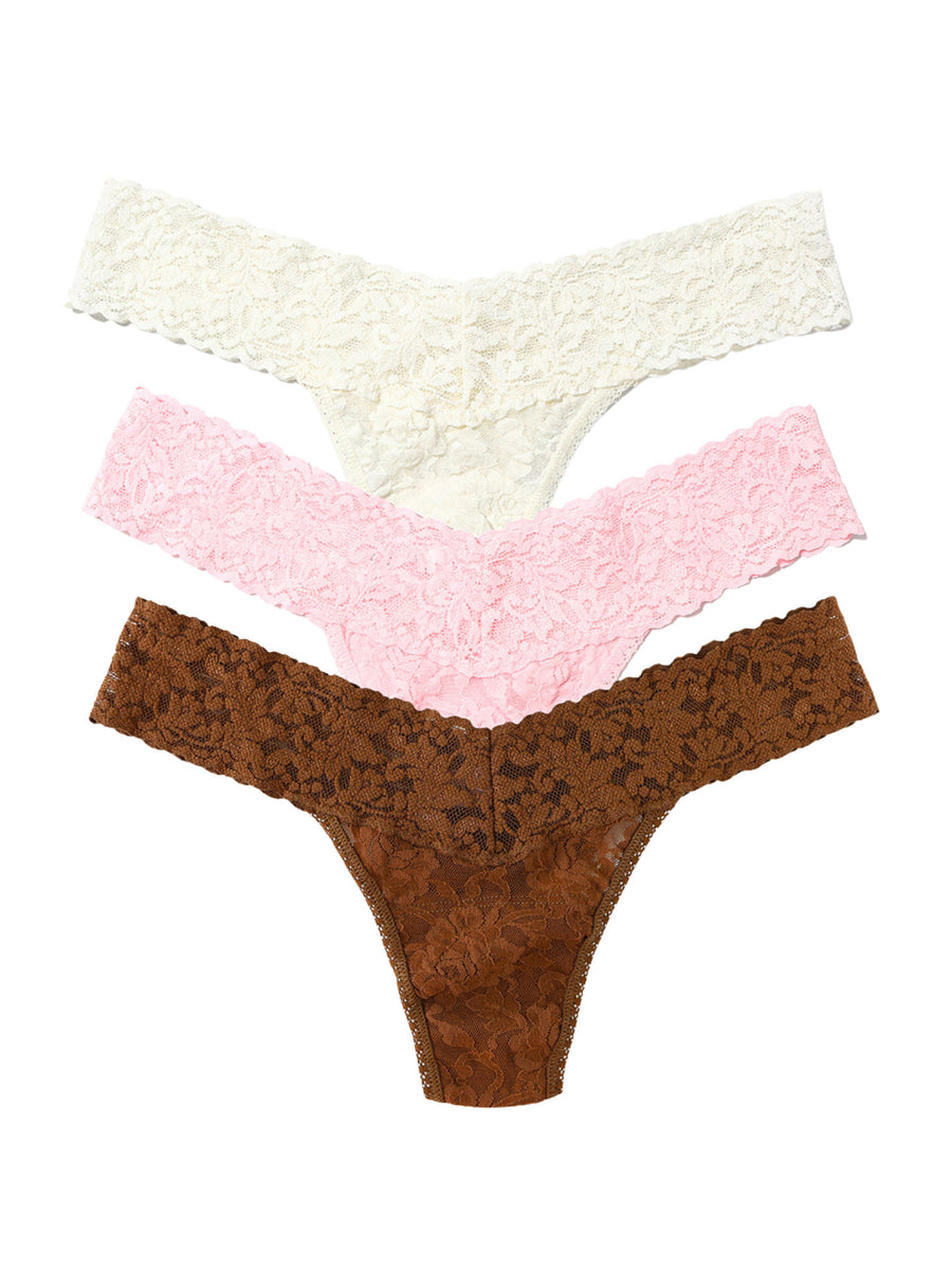 Signature Lace® Low Rise Thong Ice Cream 3-Pack Marshmallow Pink Macchiato - Flat Lay on White | Hanky Panky
