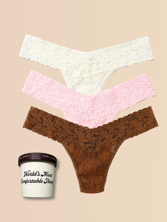 Marshmallow, Bliss Pink & Macchiato Signature Lace® Low Rise Thong 3-Pack with Ice Cream Pint - Flat Lay on Cream | Hanky Panky