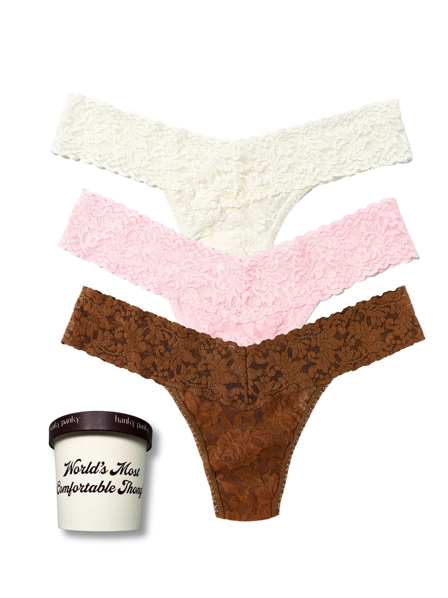 Marshmallow, Bliss Pink & Macchiato Signature Lace® Low Rise Thong 3-Pack with Ice Cream Pint - Flat Lay on White | Hanky Panky