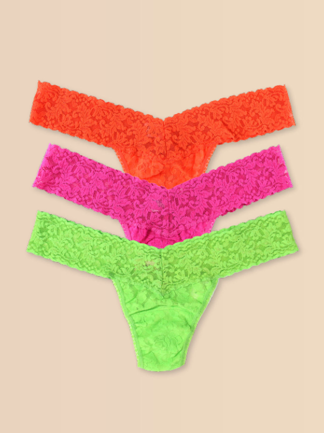 Signature Lace® Low Rise Thong Ice Cream 3-Pack Sorbet Brights - Flat Lay on Cream | Hanky Panky