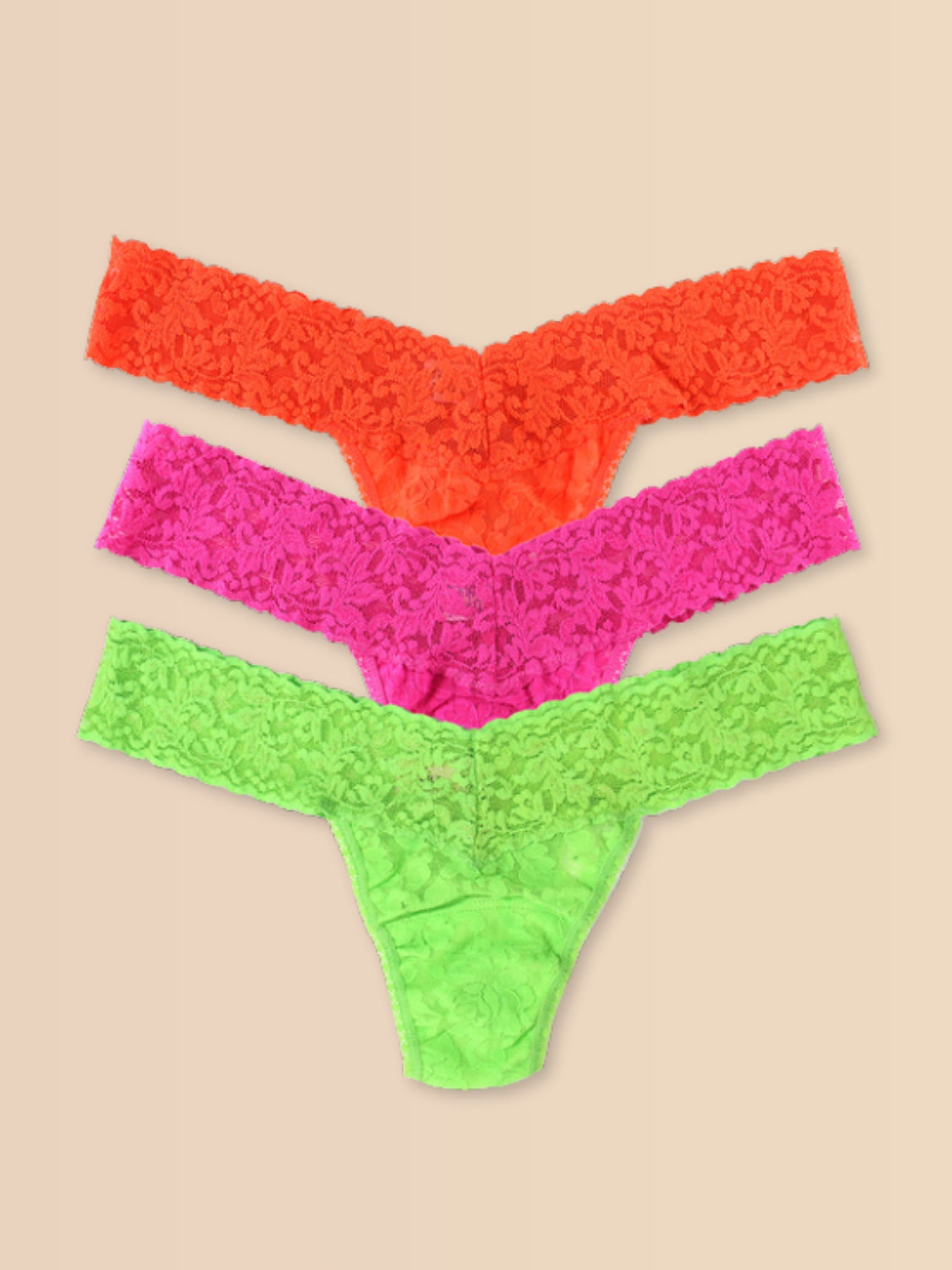 Signature Lace® Low Rise Thong Ice Cream 3-Pack Sorbet Brights - Flat Lay on Cream | Hanky Panky