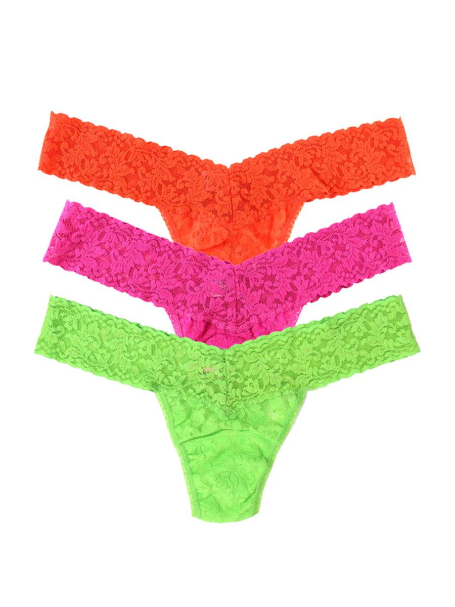 Signature Lace® Low Rise Thong Ice Cream 3-Pack Sorbet Brights - Flat Lay on White | Hanky Panky