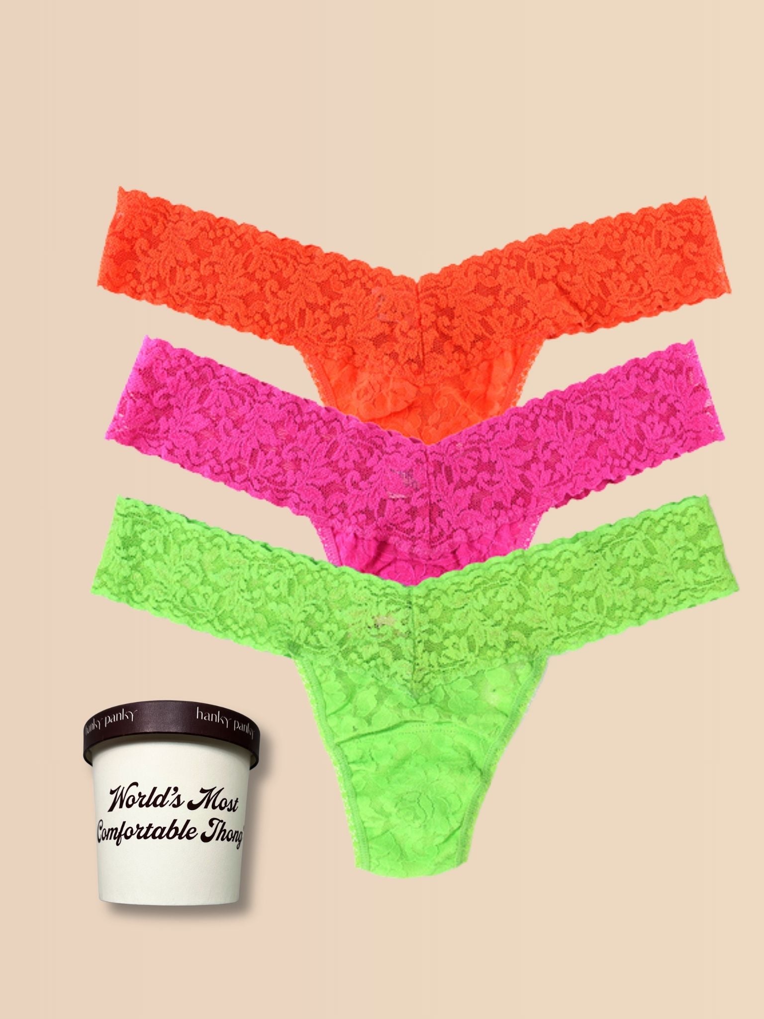 Sorbet Brights Signature Lace® Low Rise Thong 3-Pack with Ice Cream Pint - Flat Lay on Cream | Hanky Panky