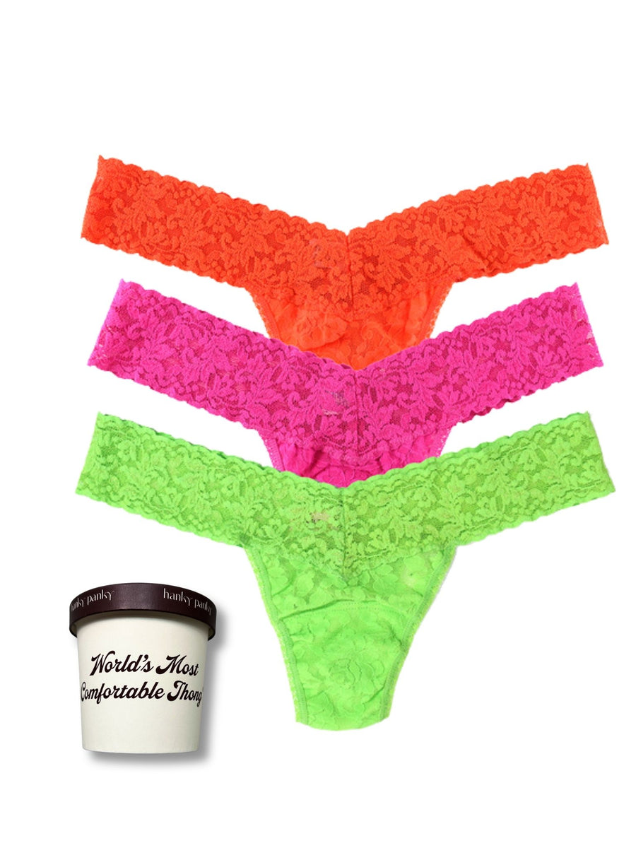Sorbet Brights Signature Lace® Low Rise Thong 3-Pack with Ice Cream Pint - Flat Lay on White | Hanky Panky
