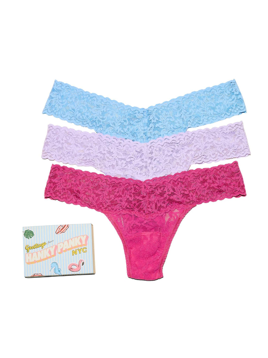 Signature Lace® Low Rise Thong 3-Pack in blue, lavender & dragon fruit pink with gift box - Flat Lay | Hanky Panky