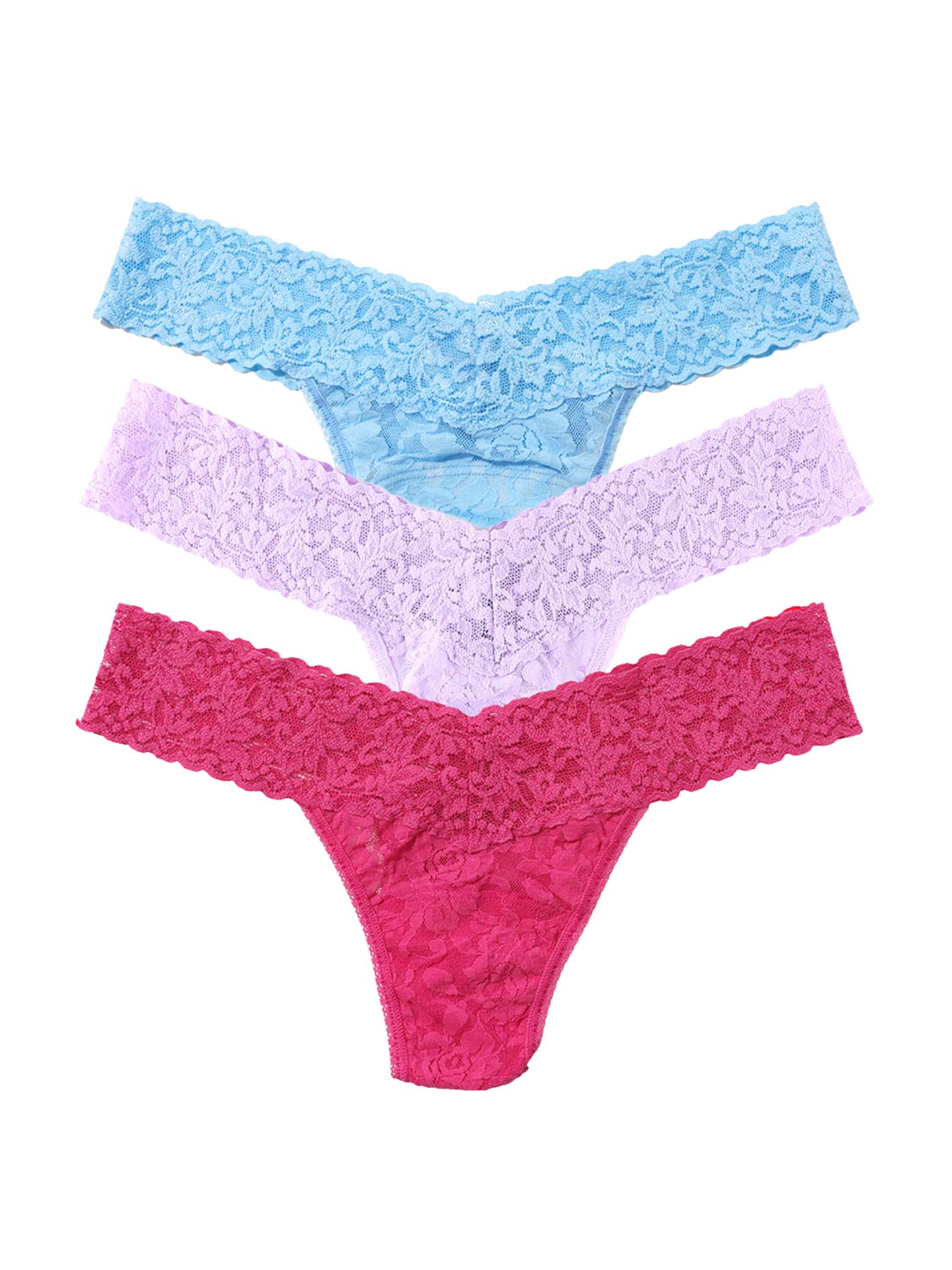 Signature Lace® Low Rise Thong 3-Pack Pastel Punch - Blue, Lavender & Pink Flat Lay on White | Hanky Panky