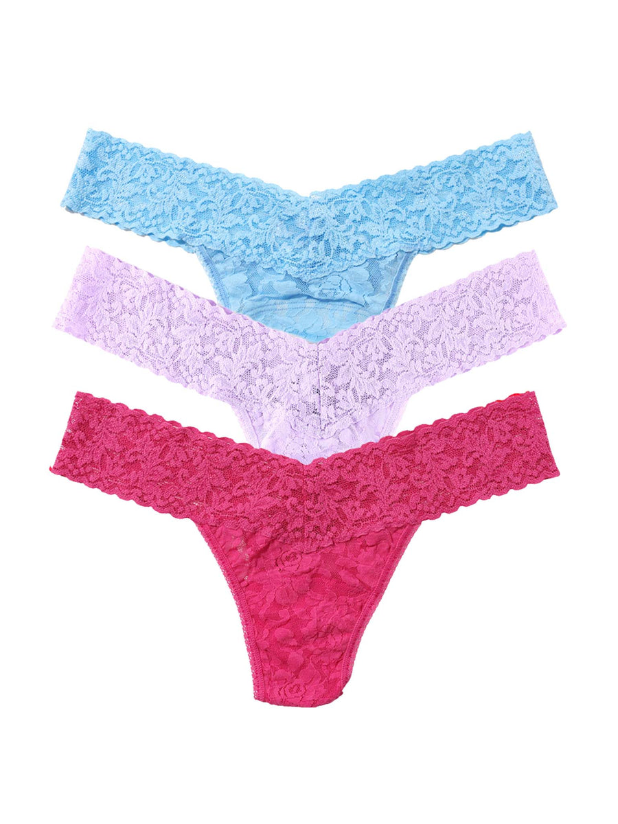 Signature Lace® Low Rise Thong 3-Pack Pastel Punch - Blue, Lavender & Pink Flat Lay on White | Hanky Panky