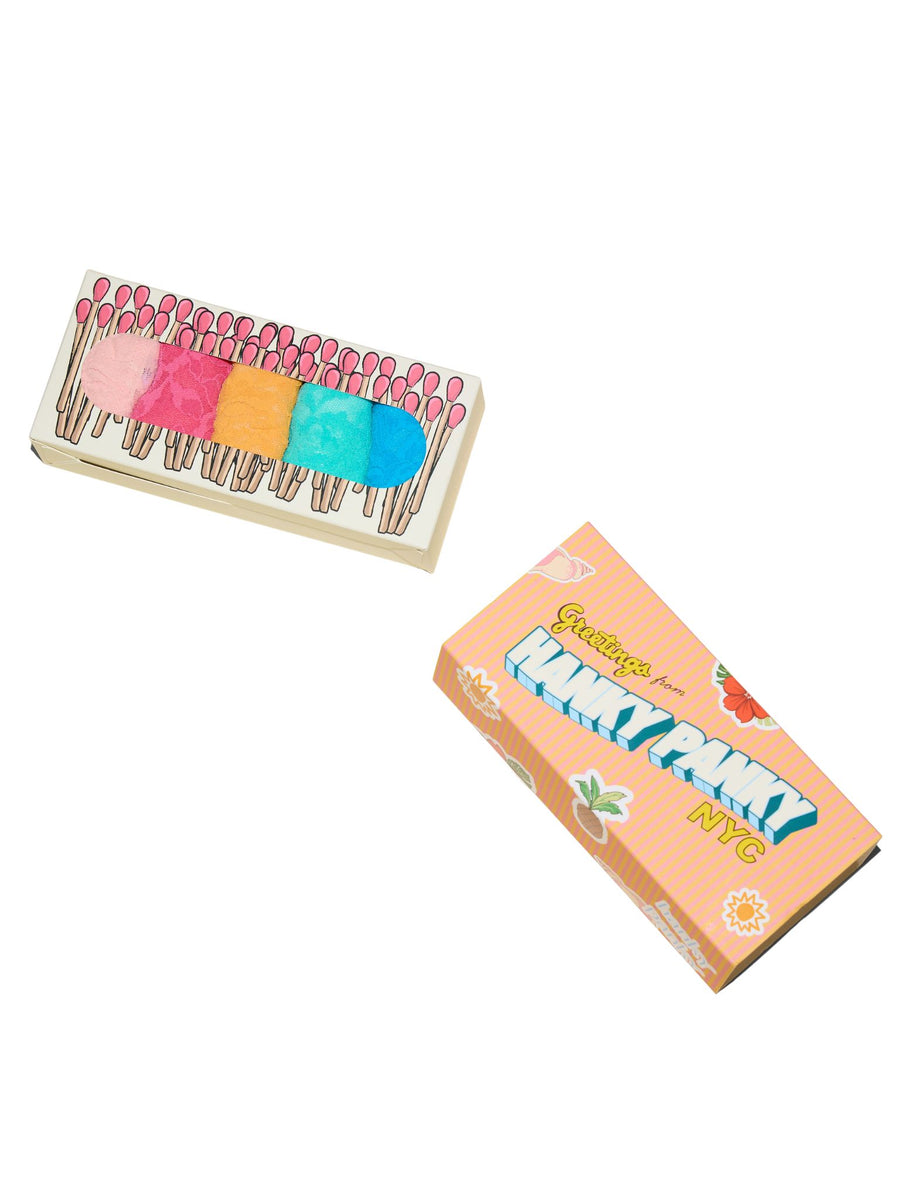 Pastel Lace Thong 5-Pack Open Matchbox Gift Set on White - Flat Lay Detail | Hanky Panky