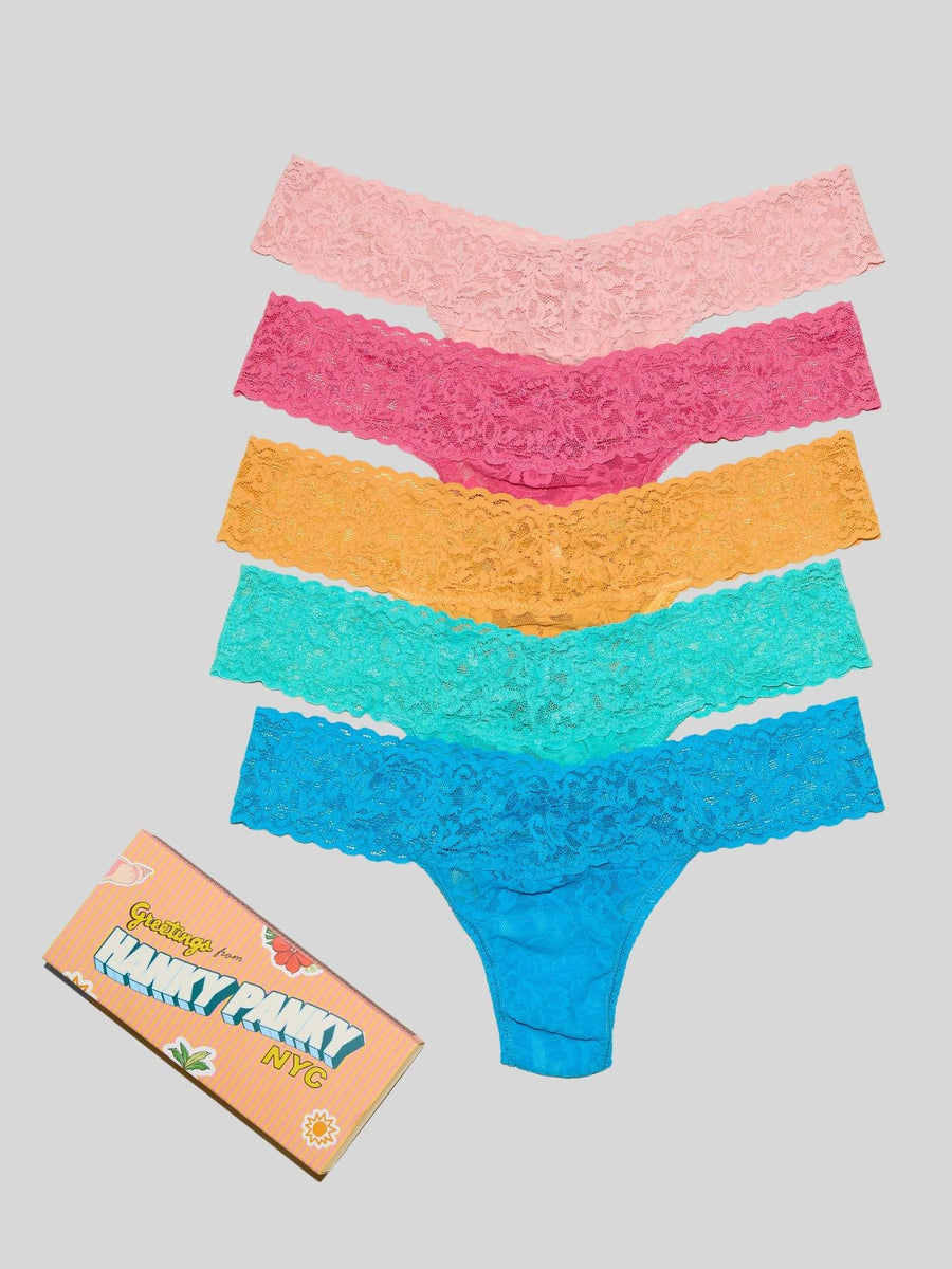 Vibrant Pastel Signature Lace® Low Rise Thong 5-Pack with Matchbox Gift Packaging - Flat Lay | Hanky Panky