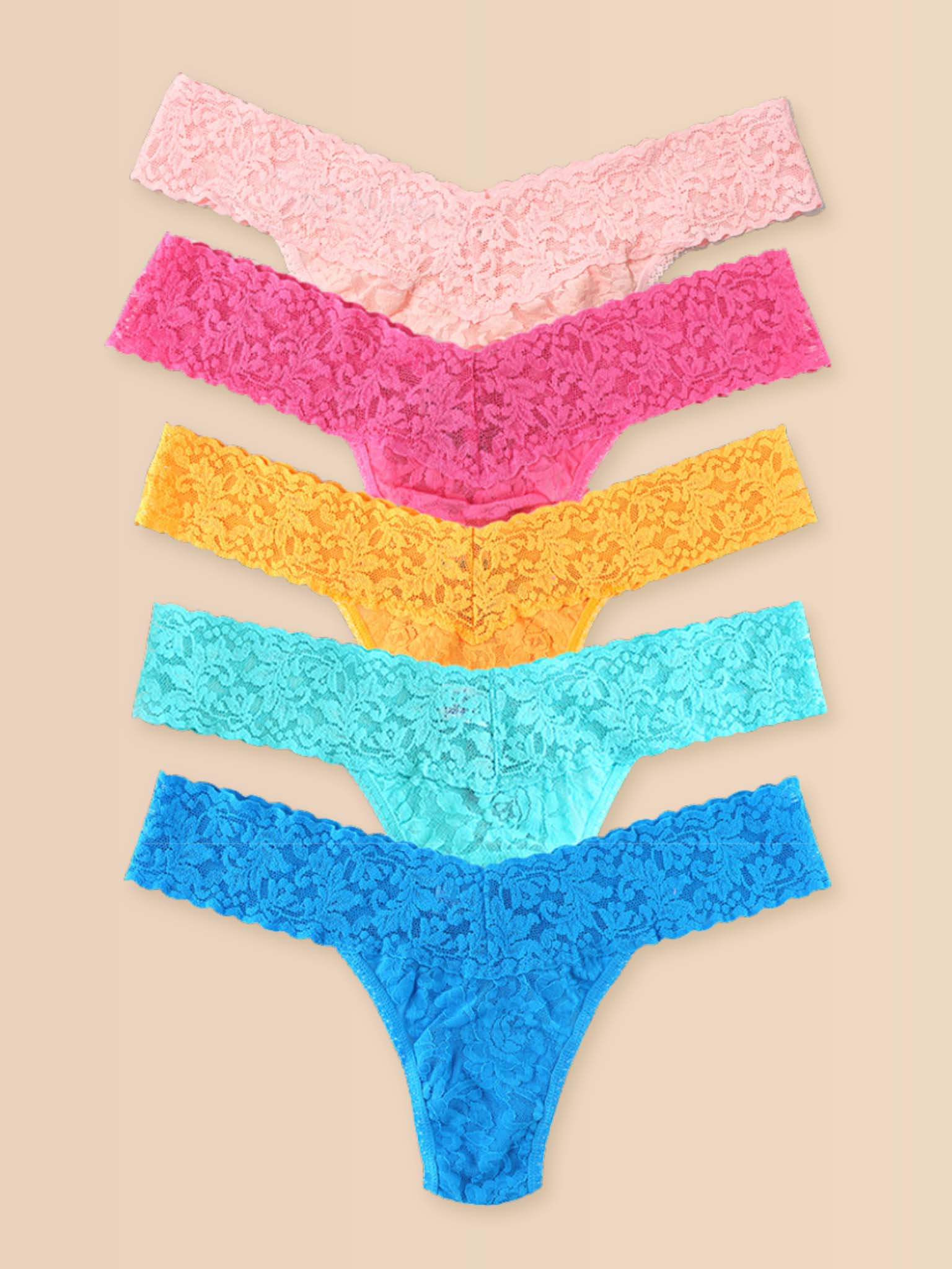 Signature Lace® Low Rise Matchbox 5 Pack Vibrant Pastels - Stacked Flat Lay on Warm Background | Hanky Panky