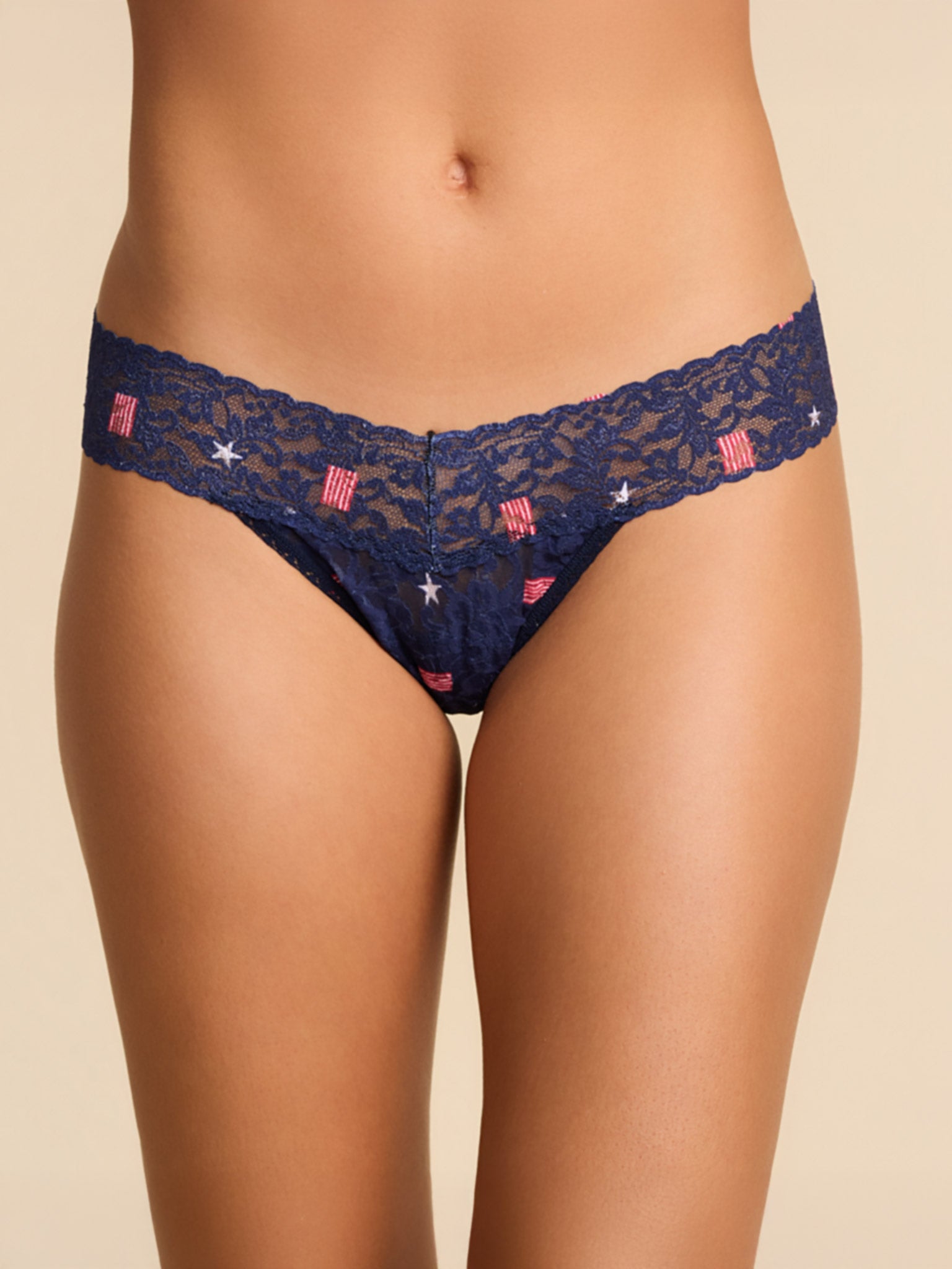 Navy Stars & Flags Signature Lace® Low Rise Thong - Front View On Model, Lace Waistband Detail | Hanky Panky