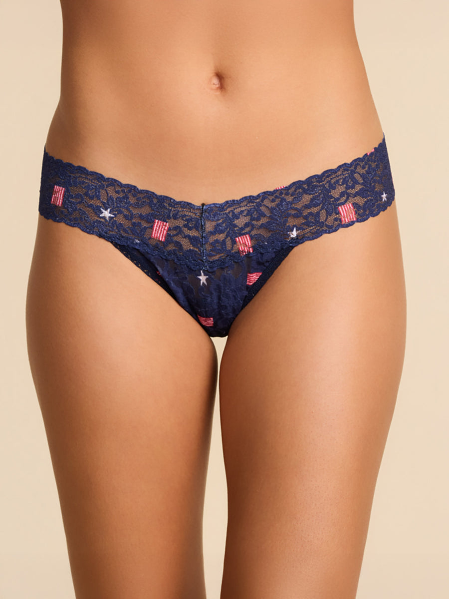 Navy Stars & Flags Signature Lace® Low Rise Thong - Front View On Model, Lace Waistband Detail | Hanky Panky
