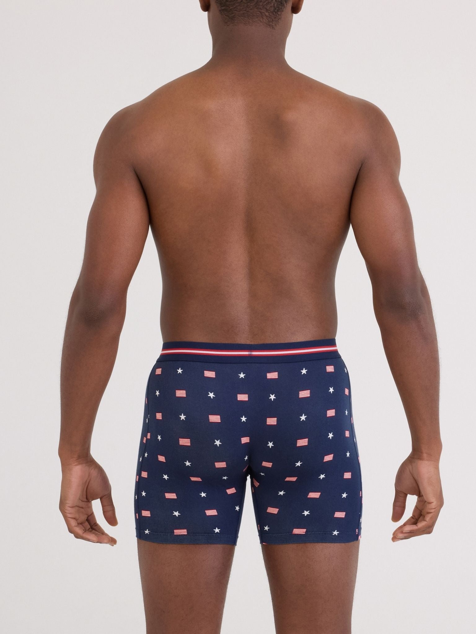Navy USA Signet SAXX Super Soft Vibe Boxer Brief, Stars & Flags Print - Back View On Model | Hanky Panky
