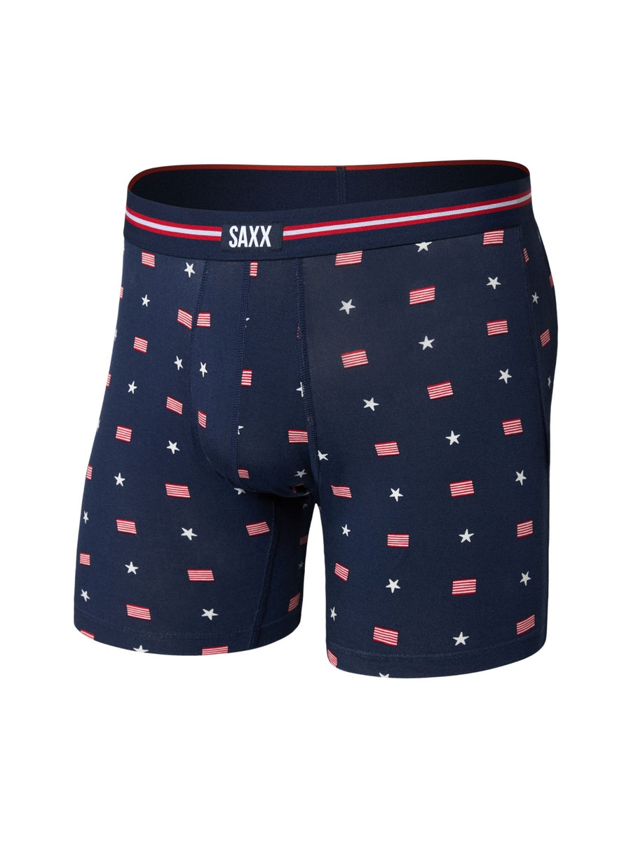 Navy USA Signet SAXX Super Soft Vibe Boxer Brief, Stars & Flags Print - Product Flat Lay, Waistband Detail | Hanky Panky