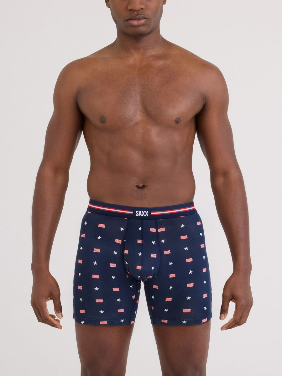 Navy USA Signet SAXX Super Soft Vibe Boxer Brief, Stars & Flags Print - Front View On Model | Hanky Panky
