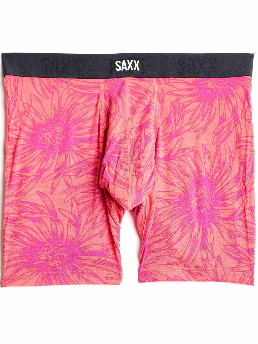 Pink floral patterned boxer briefs with 'SAXX' branding on a white background