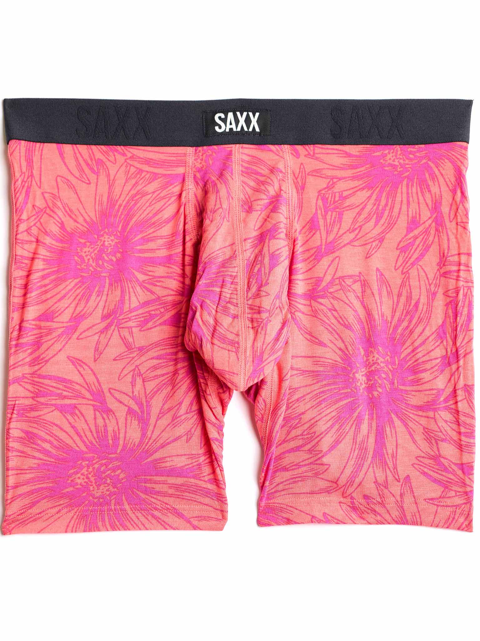 Pink floral patterned boxer briefs with 'SAXX' branding on a white background