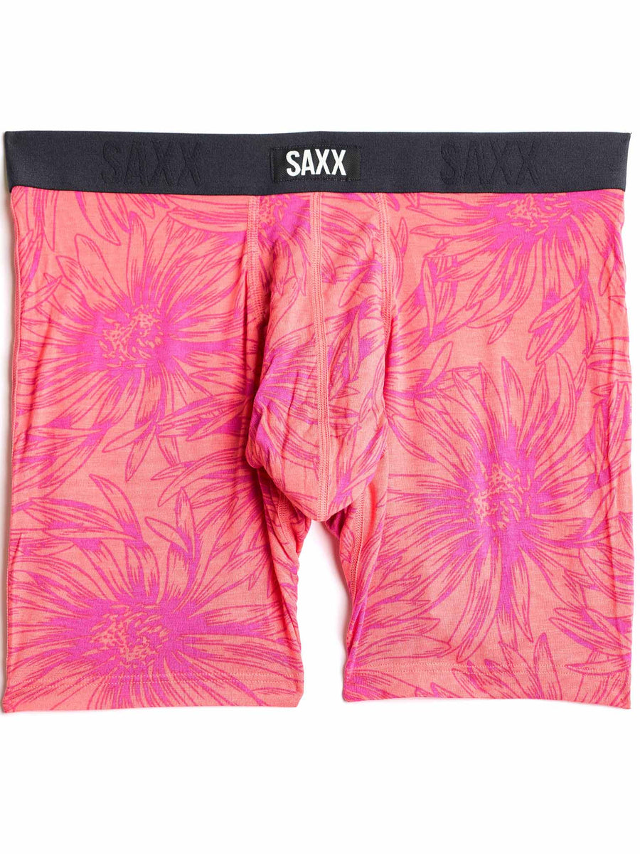 SAXX Super Soft Vibe Boxer Brief in Big Daisy Gumball pink floral print with navy SAXX waistband - Flat Lay | Hanky Panky