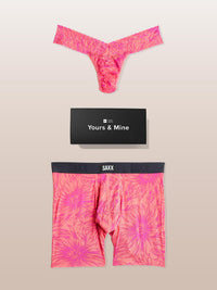 Pink tie-dye underwear set with SAXX branding on a beige background