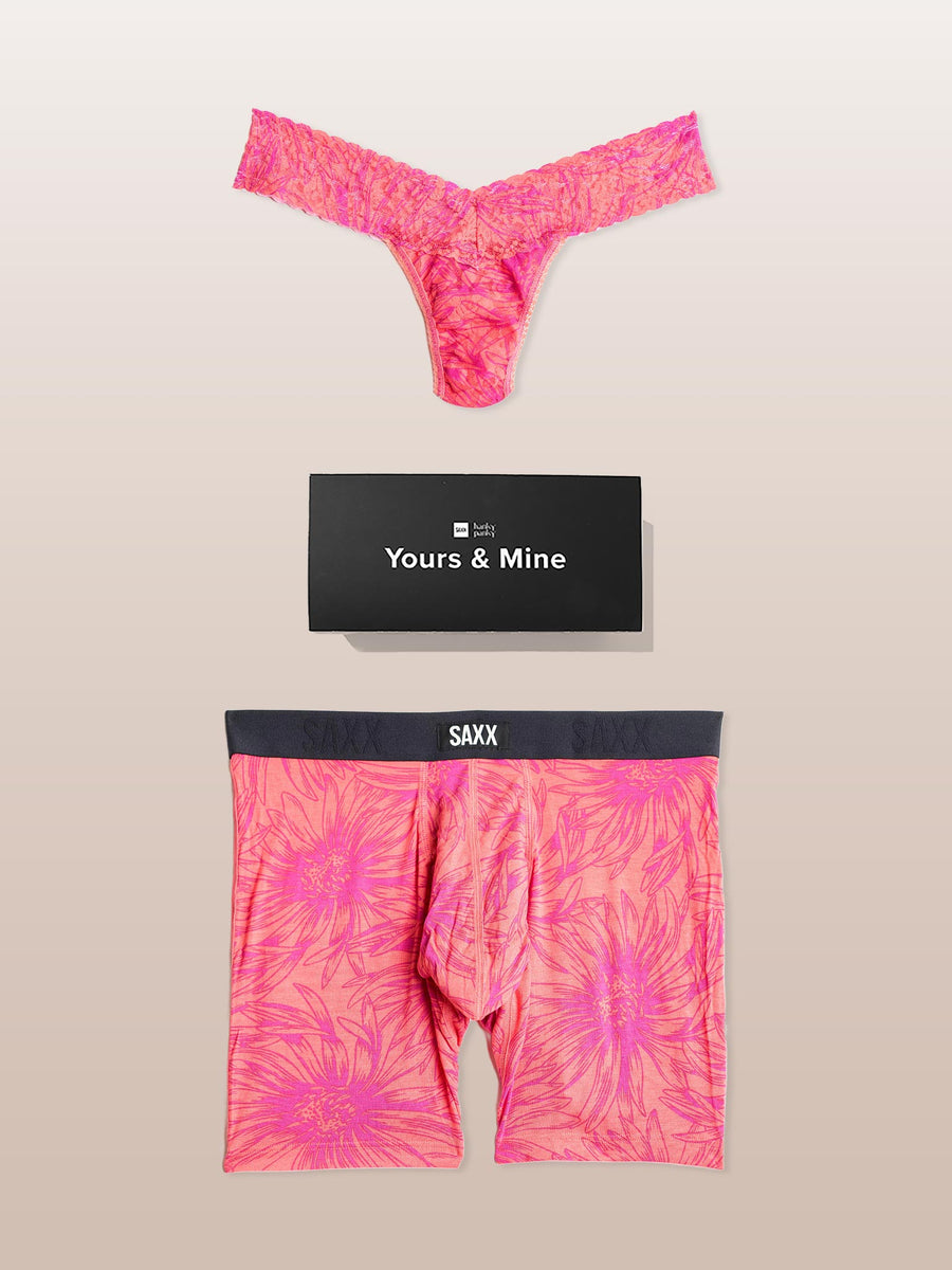 Big Daisy Gumball Signature Lace® thong and SAXX boxer brief matching couples underwear set - Flat Lay | Hanky Panky