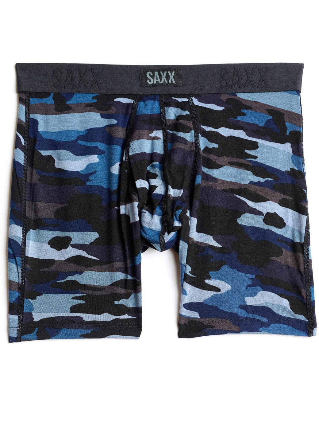 Camouflage-patterned boxer briefs with 'SAXX' branding on a white background