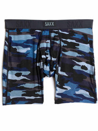 Camouflage-patterned boxer briefs with 'SAXX' branding on a white background