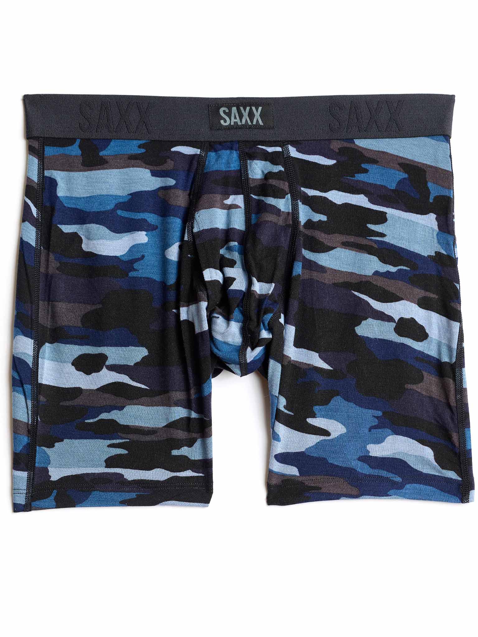 SAXX Super Soft Vibe Boxer Brief in Cloudbank Camo Navy with charcoal SAXX logo waistband - Flat Lay | Hanky Panky