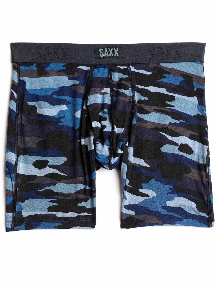 SAXX Super Soft Vibe Boxer Brief in Cloudbank Camo Navy with charcoal SAXX logo waistband - Flat Lay | Hanky Panky