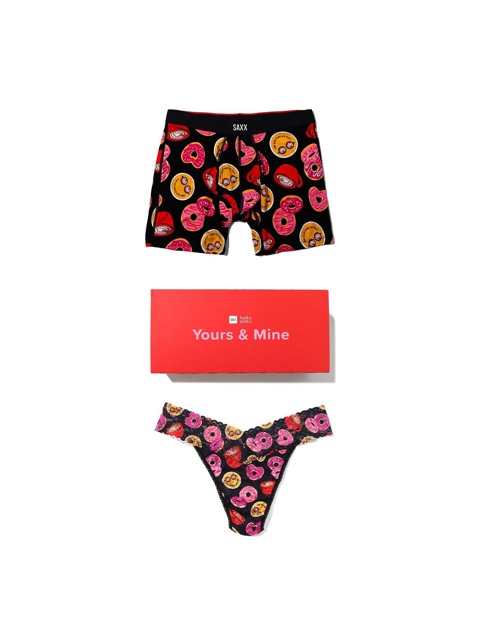 Lovestory Black matching couples underwear set - Signature Lace® thong, SAXX boxer brief & gift box | Hanky Panky