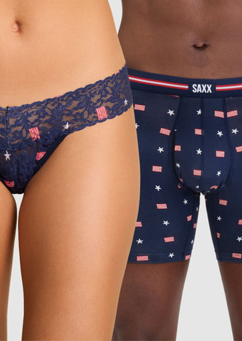 Navy USA Signet Signature Lace® Low Rise Thong & SAXX Boxer Brief Matching Couples Set - On Model | Hanky Panky