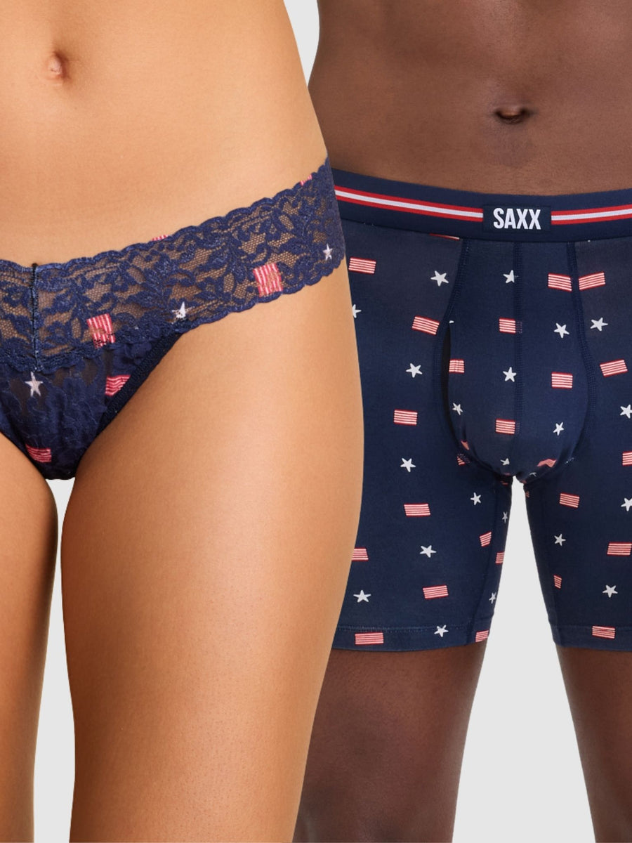 Navy USA Signet Signature Lace® Low Rise Thong & SAXX Boxer Brief Matching Couples Set - On Model | Hanky Panky