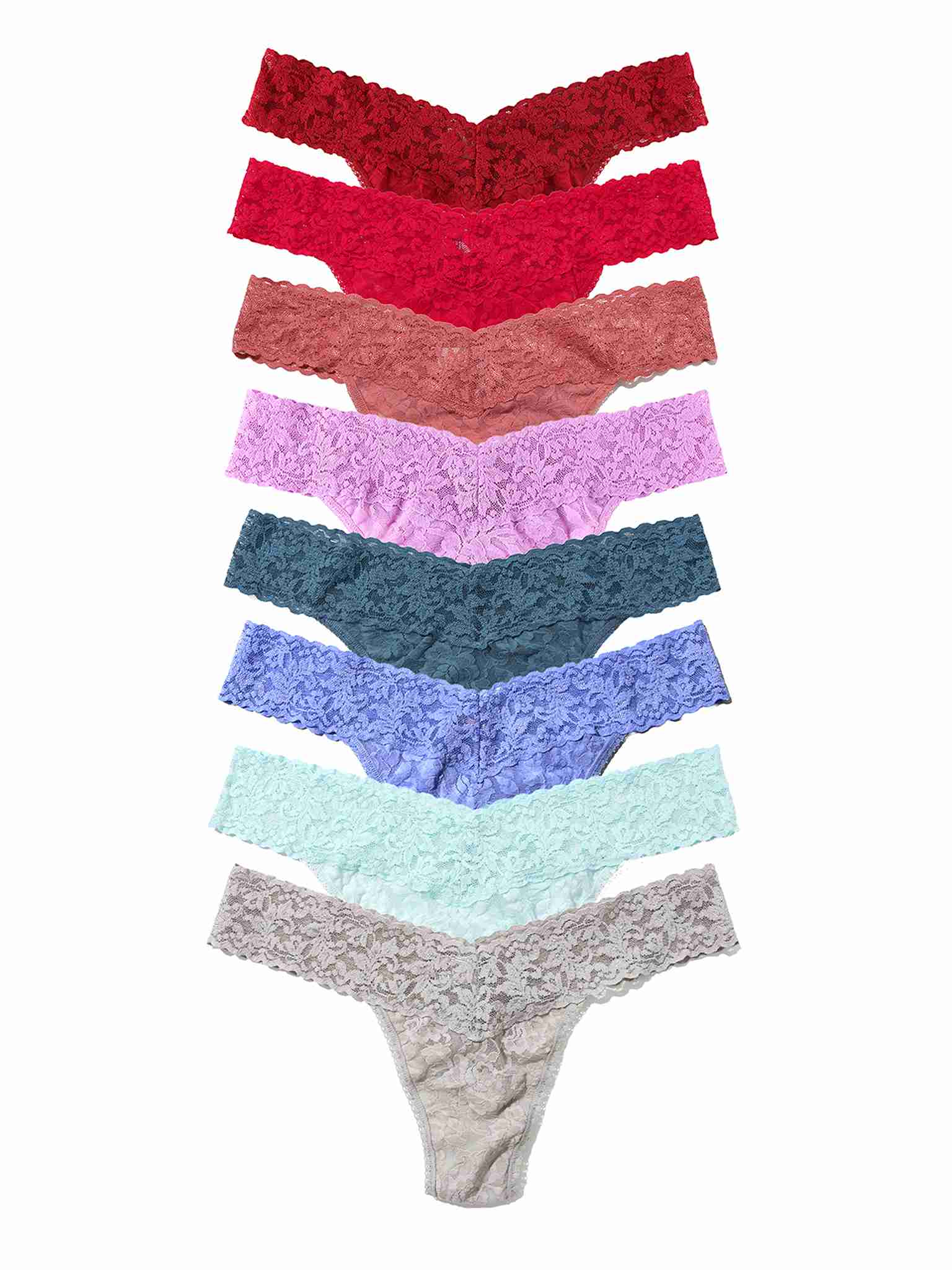 Black Friday Sale - Set of eight petite sized signature lace underwear in various colors on a white background