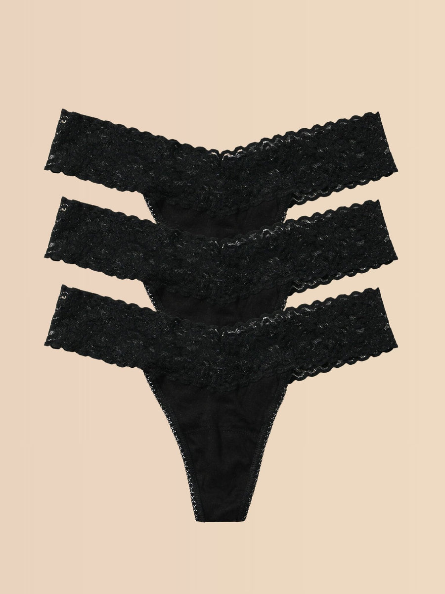 Black Lace Low Rise Thong 3-Pack Flat Lay on Cream - DreamEase™ | Hanky Panky