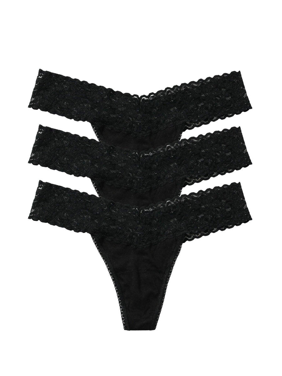 Black Lace Low Rise Thong 3-Pack Flat Lay on White - DreamEase™ | Hanky Panky