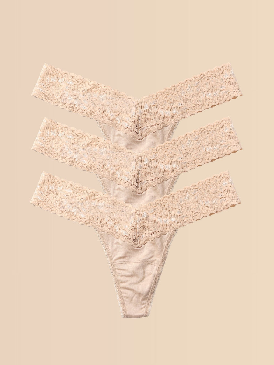 Chai DreamEase™ Lace Low Rise Thong 3-Pack - Flat Lay on Cream | Hanky Panky