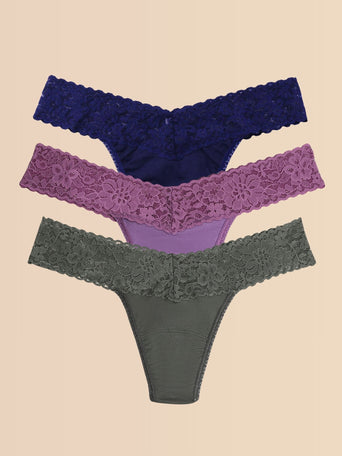 DreamEase™ Low Rise Thong 3-Pack in Indigo, Berry Pie Purple & Grey - Flat Lay | Hanky Panky