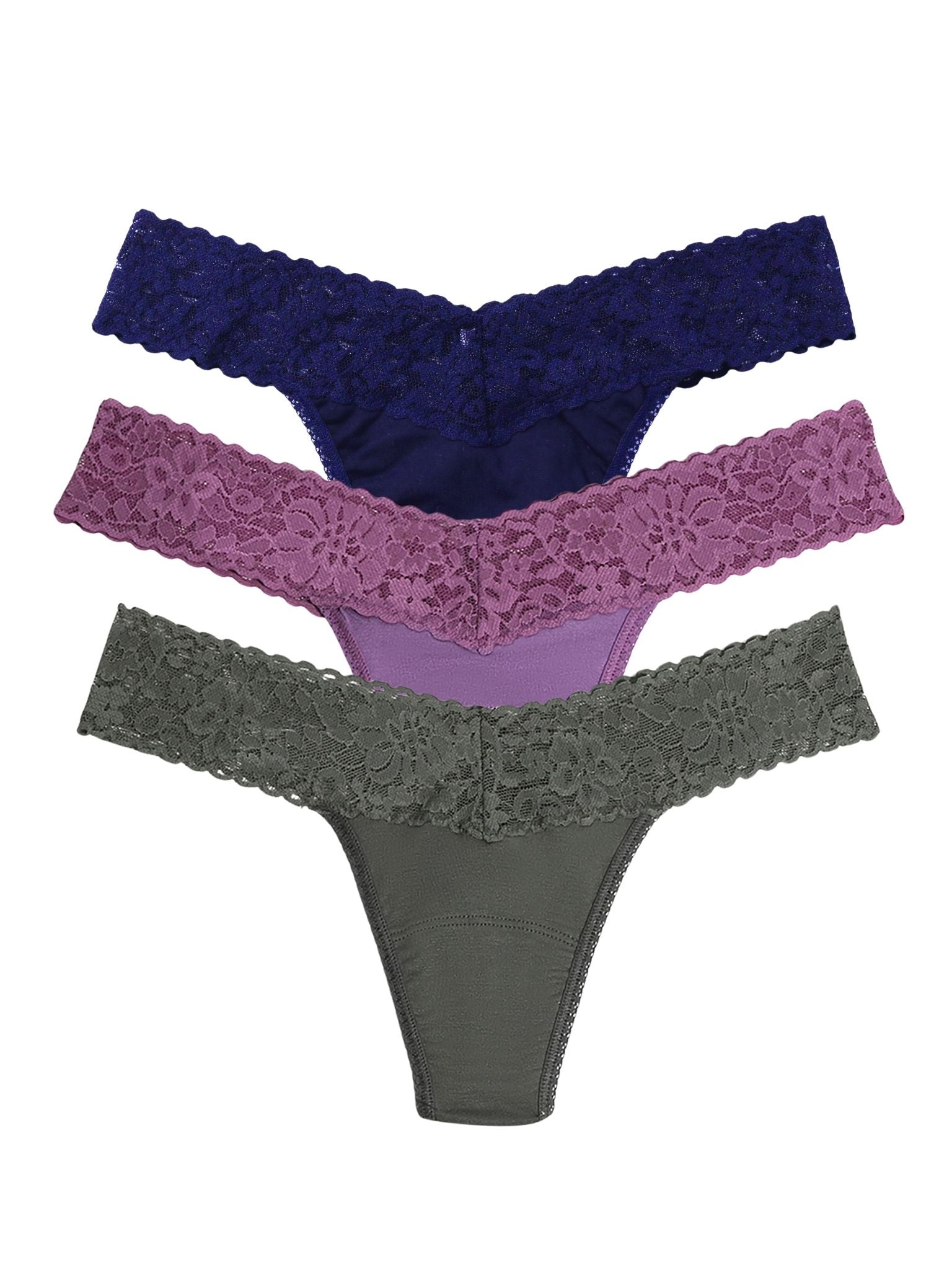DreamEase™ Modal Lace Low Rise Thong 3-Pack Indigo, Purple & Grey - Front View | Hanky Panky