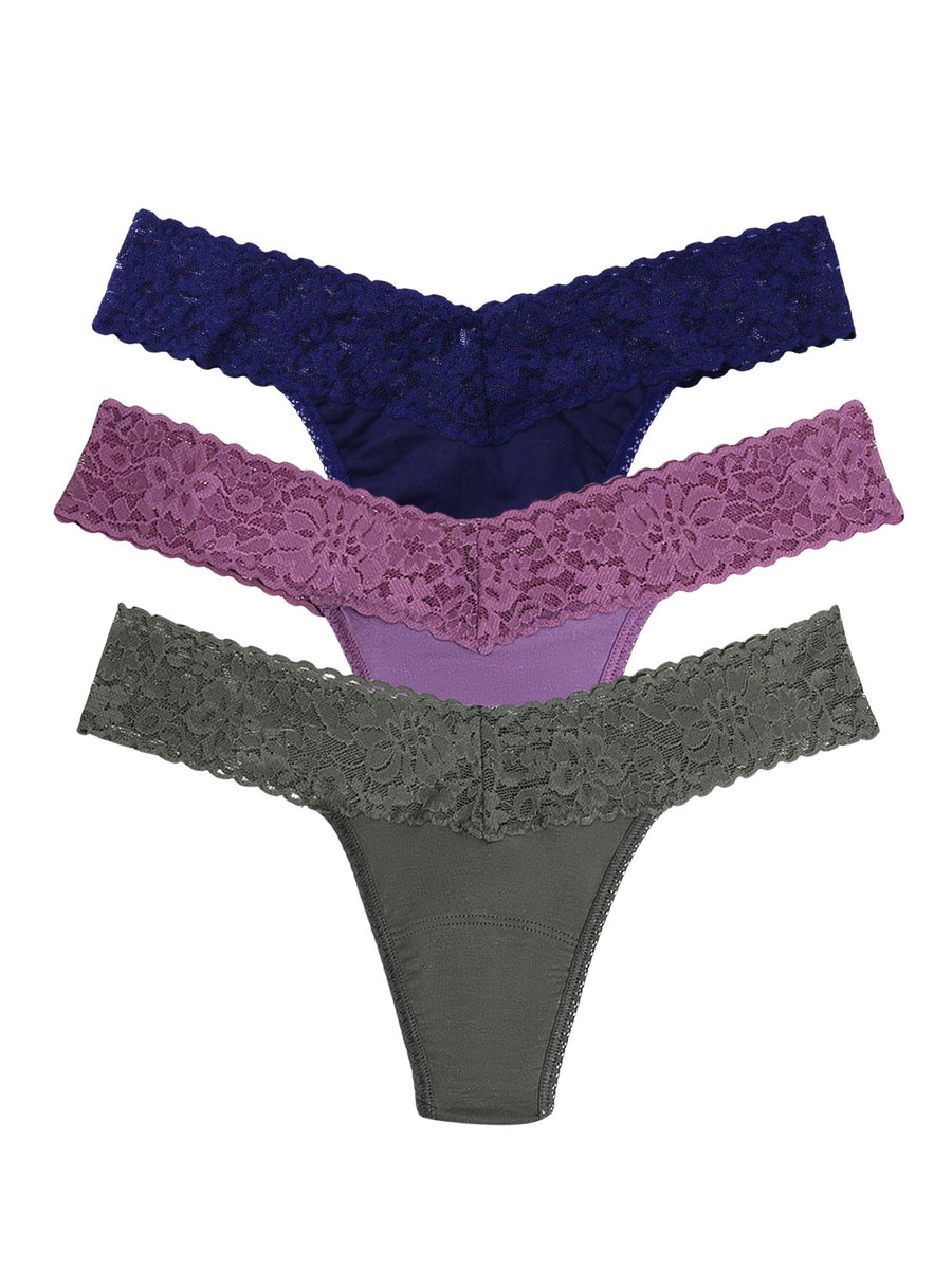 DreamEase™ Modal Lace Low Rise Thong 3-Pack Indigo, Purple & Grey - Front View | Hanky Panky