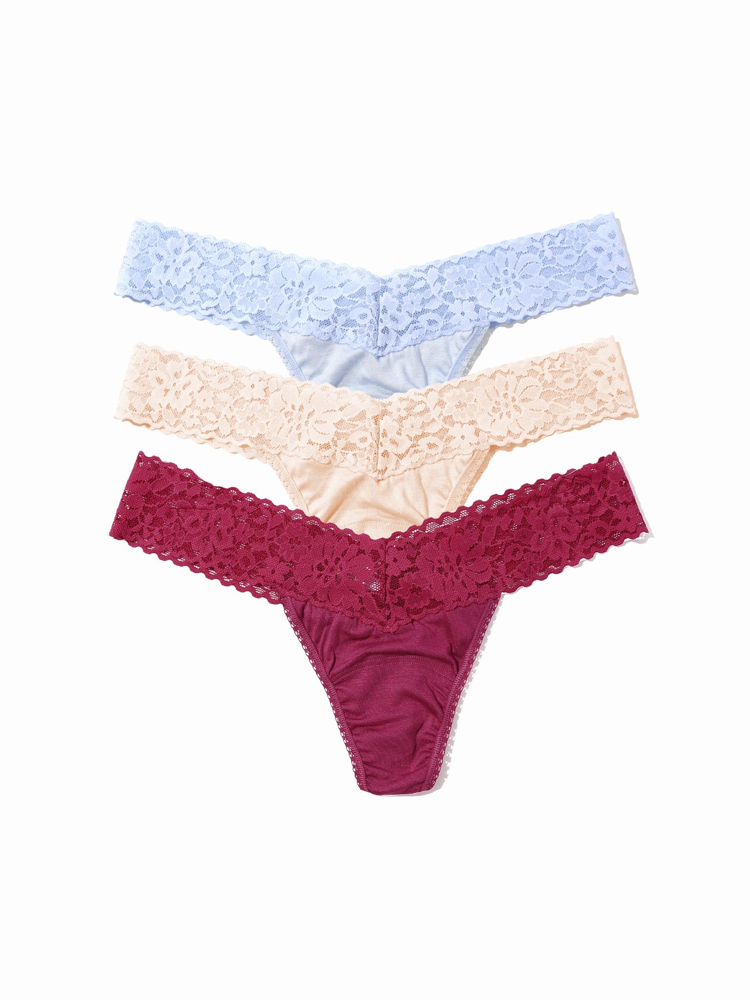 DreamEase™ Low Rise Thong 3-Pack in serenity blue, chai, and California raisin purple - Flat Lay | Hanky Panky