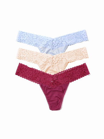 DreamEase™ Low Rise Thong 3-Pack in serenity blue, chai, and California raisin purple - Flat Lay | Hanky Panky