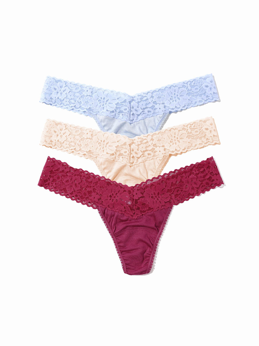 DreamEase™ Low Rise Thong 3-Pack in serenity blue, chai, and California raisin purple - Flat Lay | Hanky Panky