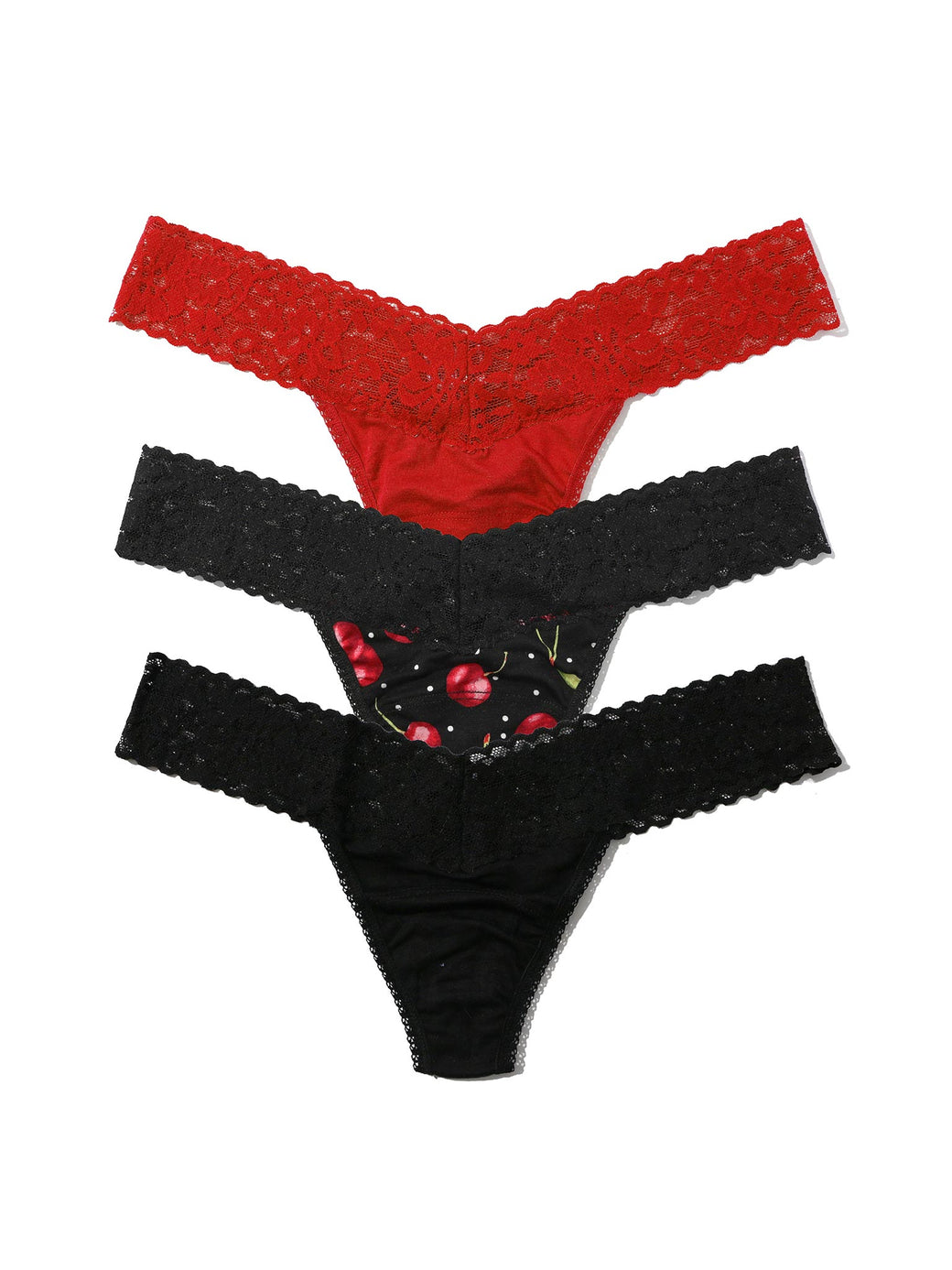 Red and black lace-trimmed panties on a white background