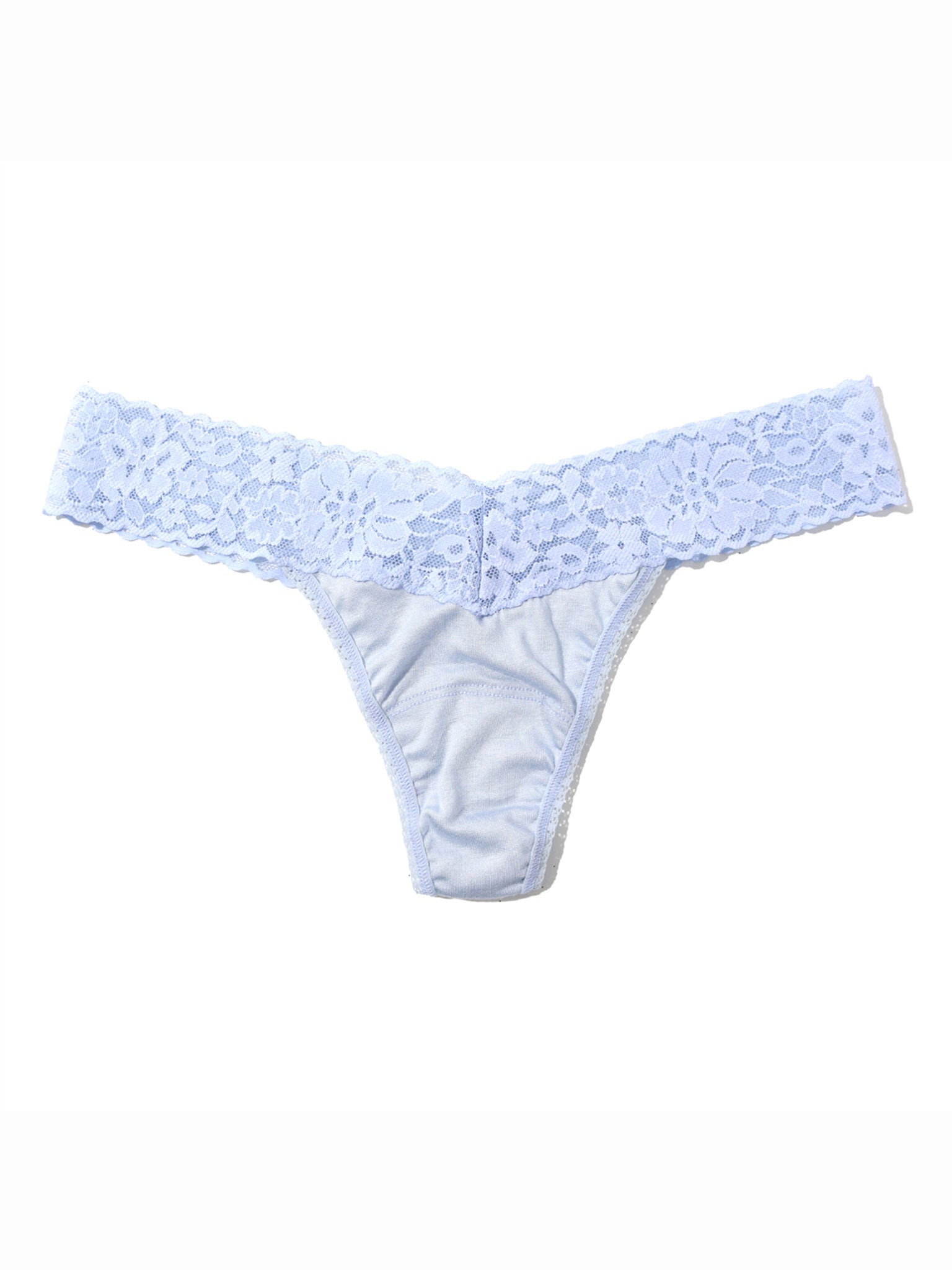Serenity Blue DreamEase™ Low Rise Thong, floral lace waistband, buttery soft Tencel Modal, flat lay | Hanky Panky