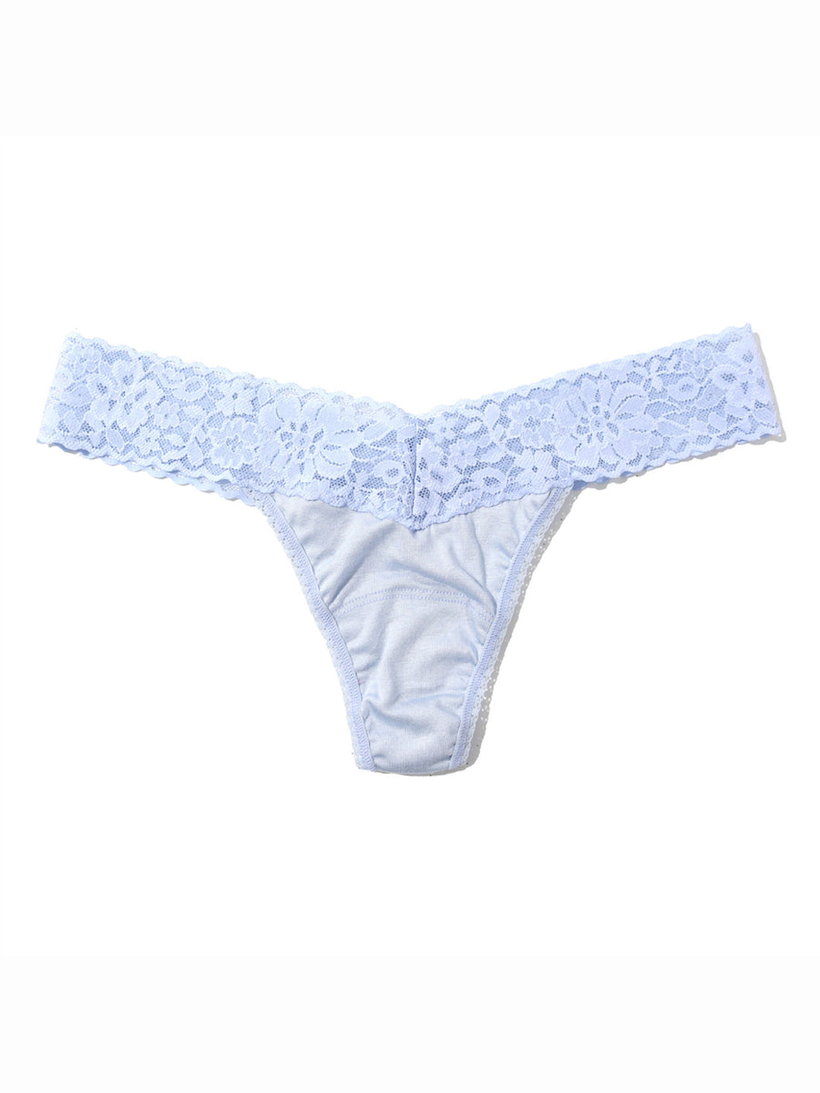 Serenity Blue DreamEase™ Low Rise Thong, floral lace waistband, buttery soft Tencel Modal, flat lay | Hanky Panky