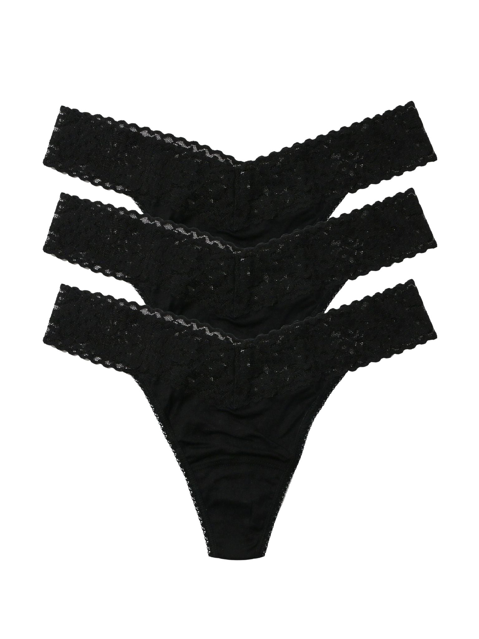 Black DreamEase™ Tencel Modal Original Rise Thong 3-Pack, Flat Lay on White | Hanky Panky