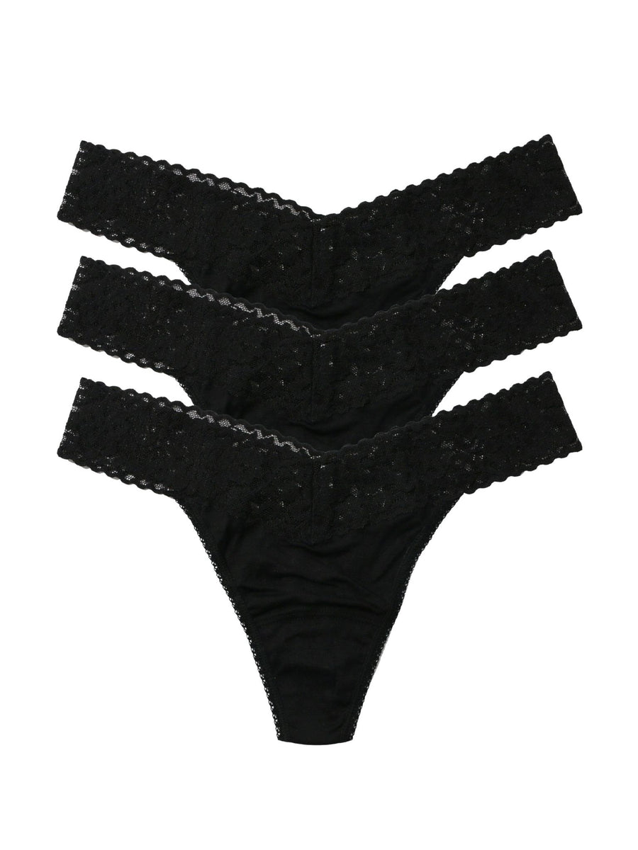 Black DreamEase™ Tencel Modal Original Rise Thong 3-Pack, Flat Lay on White | Hanky Panky