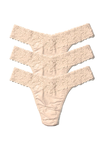Chai DreamEase™ Original Rise Thong 3-Pack - Flat Lay on White, buttery soft lace | Hanky Panky